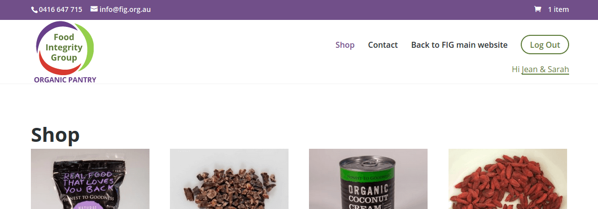 Screenshot of FIG Organic Pantry website